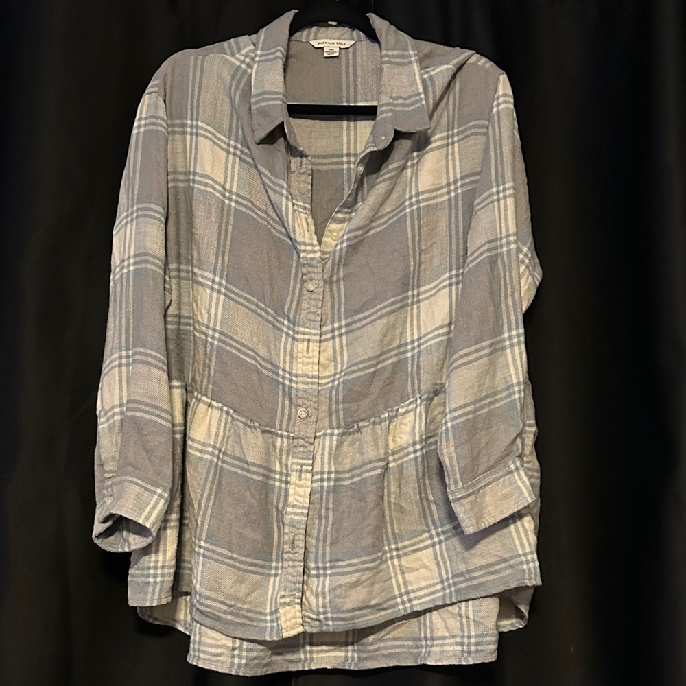 American Eagle Outfitters Gray Plaid peplum Button Down Shirt